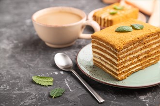 Homemade honey cake with milk cream and mint with cup of coffee on a black concrete background and