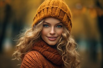 Pretty woman with knitted hat and scarf in autumn forest. KI generiert, generiert AI generated