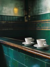 Two cups of coffee on the counter of a vintage cafe, AI generated