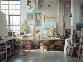 Workshop of a painter with some of her works, AI generated