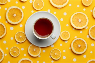 Top view of tea cup with lemon slices on yellow background with dots. KI generiert, generiert AI