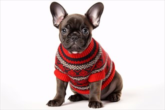 French Bulldog dog puppy with white and red knitted winter sweater on white background. KI