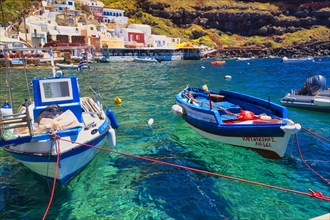 Fishing boats in the bay of Amoudi, Ia, Oia, Santorini, Cyclades, Greece, Europe