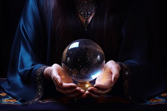 Close up of fortune teller's hand surrounding crystal ball. KI generiert, generiert AI generated