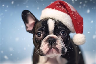 Black and white French Bulldogd og with red Santa Christmas hat in snow. KI generiert, generiert AI