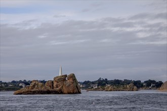 Rock with landmark off the coast of Ile de Brehat, Cotes d'Armor department, Brittany, France,