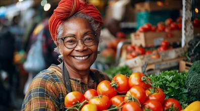 Happy vendor in a red headscarf selling tomatoes at a vibrant farmers market, ai generated, AI