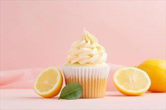 Lemon cupcake with frosting and fruits. KI generiert, generiert AI generated