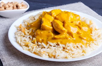Rice with chicken curry sauce with cashew on black wooden background. close up, selective focus