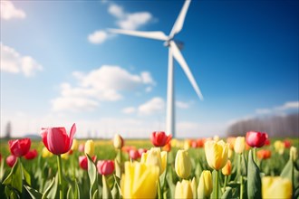 Yellow and red tulip spring flowers with wind energy turbine in blurry background. KI generiert,