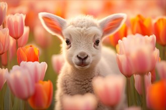 Easter lamb between tulip spring flowers. KI generiert, generiert AI generated
