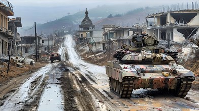 A tank drives on a road softened by rain through a village destroyed by war, AI generated, AI