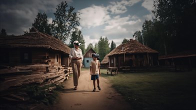 Child in the village wearing VR glasses in virtual reality, AI generated