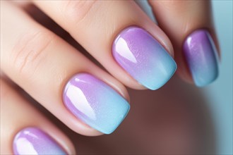 Close up of woman's fingernails with ombre violet and blue nail art design. KI generiert, generiert