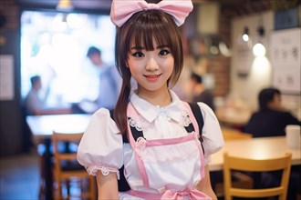 Young Asian woman dressed up in cute pink and white maid costume at Japanese maid cafe. KI