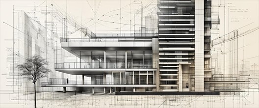 Illustration of a modern residential building in a clean monochrome style, horizontal aspect ratio,