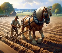 A farmer, a farmer, with plough and horse working in the field, AI generated, AI generated