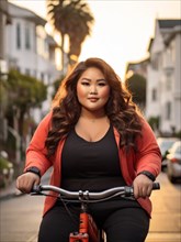 Determined woman riding a BMX bike in the city at sunset, wearing a red jacket, San Francisco,