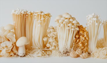Variety of Shimeji mushrooms, Enoki mushroom, Golden needle mushroom, Enoki mushroom. AI generated