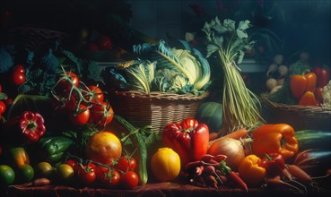 Still life Vegetables, Herbs and Fruit as ingredients in cooking. AI generated