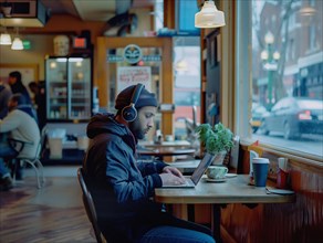 A man wearing headphones working on a laptop in a cozy cafe during the evening, african american