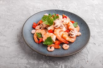 Boiled shrimps or prawns and small octopuses with herbs on a blue ceramic plate on a gray concrete