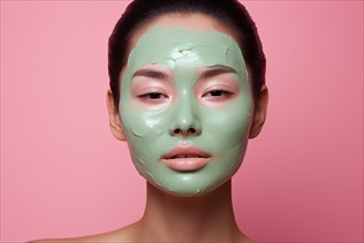 Face of woman with green matcha tea beauty face mask on pink background. KI generiert, generiert AI