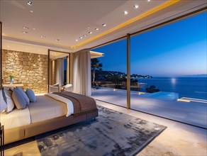 Interior of a bedroom overlooking the Mediterranean Sea in the Balearic Islands in Spain, AI