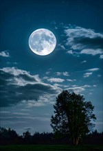 The full moon stands very large and bright between the clouds and illuminates a rural landscape