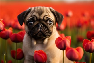Cute young pug dog in flower field with red tulips. KI generiert, generiert AI generated