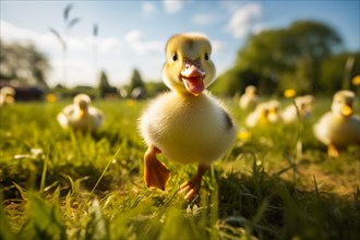 A close-up of a cute duckling standing in a sunlit meadow, with other ducklings and wildflowers in