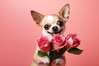 Cute small Chihuahua dog with roses in front of pink background. KI generiert, generiert AI