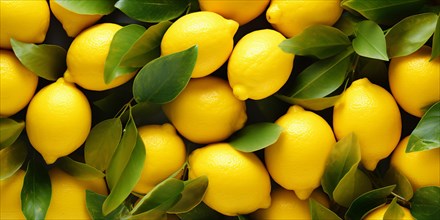 Many fresh lemon fruits with leaves. KI generiert, generiert AI generated