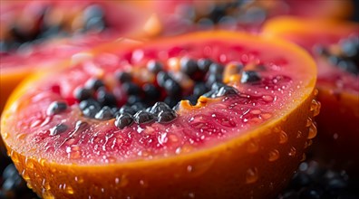 Close-up of a juicy grapefruit with blackberries and fresh water droplets, ai generated, AI