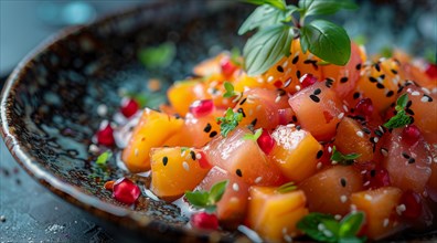 Poke-styled dish with diced mango, sesame seeds, and pomegranate on a ceramic plate, ai generated,