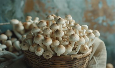 Bunch of white shimeji mushrooms in a wicker basket on a wooden table. Selective focus. AI