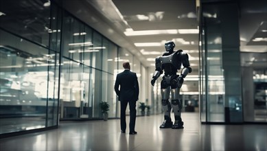 Robot bodyguard assistant to a businessman, personal security guard of a businessman, AI generated