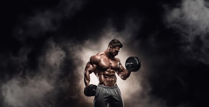 Male bodybuilder with a naked torso with dumbbells training in a dark gym, AI generated