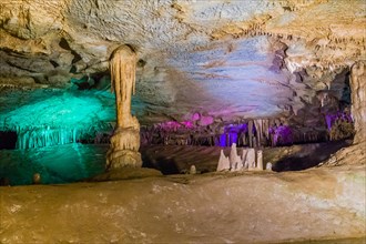 Stalactite and stalagmite formations in large opening in Cheongok cave in Donghae South Korea