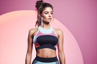 Young athletic woman with sport clothes in front of pink studio background. KI generiert, generiert