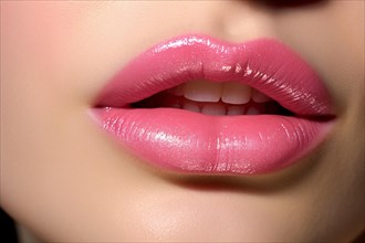 Close up of woman's lips with pink lipstick. KI generiert, generiert AI generated