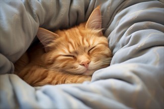 Domestic ginger cat sleeping in cozy pet bed. KI generiert, generiert AI generated