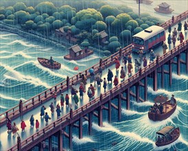 Calm scene of people in traditional attire walking with umbrellas on a bridge over a river while