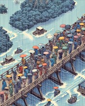 People traverse a bridge with umbrellas amidst rain with electricity in the air and a boat below,