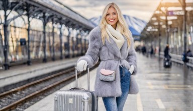 AI generated, A young blonde woman wants to travel and waits in the station for the train, 20, 25,