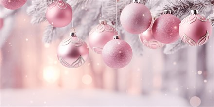 Pink Christmas tree baubles on white tree branches. KI generiert, generiert AI generated