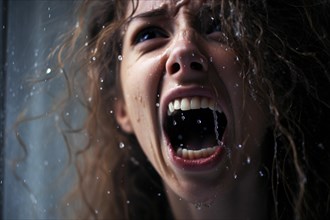 Desperate screaming woman win rain. KI generiert, generiert AI generated