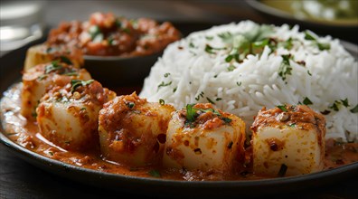 Cubed paneer in a tomato-based spicy sauce alongside basmati rice on a plate with a bowl on side,