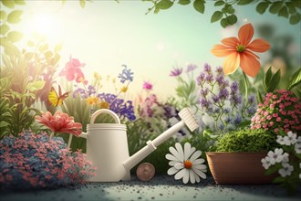 Gardening tools and a variety of plants and flowers creating a tranquil scene, Spring garden