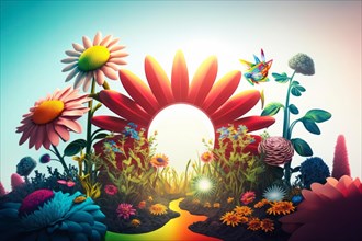 Abstract 3D garden illustration with vibrant flowers bathed in sunset colors, Spring garden